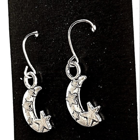 Crescent Moon With Raised Stars For That 3-D Effect. Pierced Earrings - Picture 4 of 4